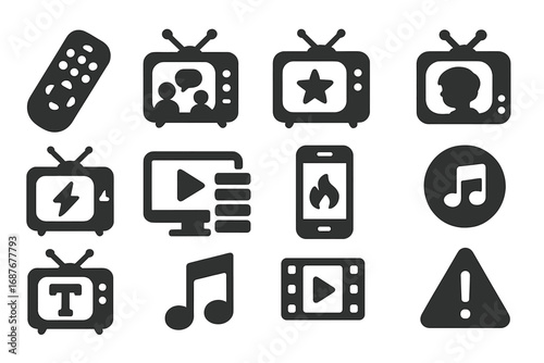Television Influence Icons. Solid style icons of television culture and influence: remote generation icon, TV talk culture, iconic