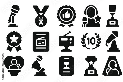 Radio Icon Awards. Solid style icons of radio awards and recognition: golden mic trophy, broadcaster medal, listener’s choice
