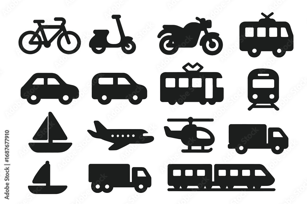 Fototapeta premium Transportation Icon Set. Solid style icons of transportation types: bicycle, scooter, motorcycle, car, bus, tram, subway, airplane