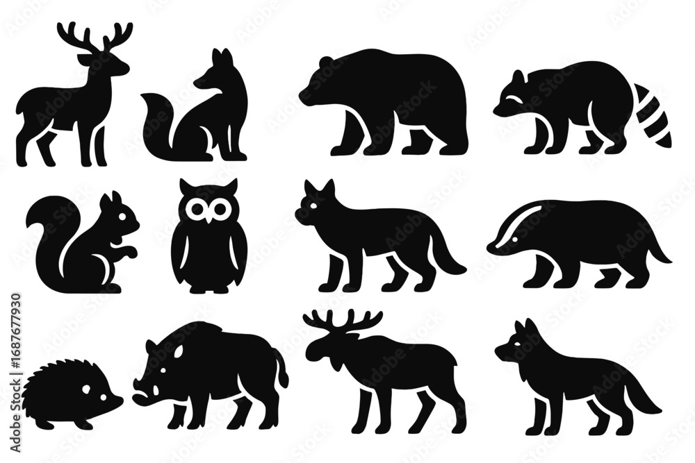 Obraz premium Forest Animal Icons. Solid style icons of forest animals: deer, fox, bear, raccoon, squirrel, owl, lynx, badger, hedgehog, wild