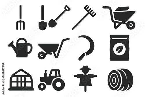 Farming Tools Icons. Solid style icons of farming tools: pitchfork, shovel, rake, hoe, watering can, wheelbarrow, sickle, seed bag