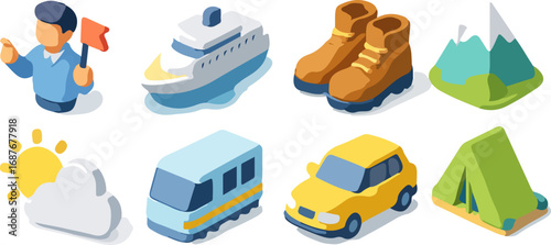A collection of isometric icons representing various travel and outdoor activities including a tour guide, ship, hiking boots, mountain, weather, bus, car, and tent.