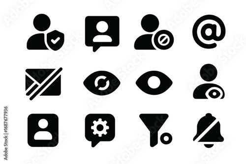 Forum Privacy Icons. Solid style icons of forum privacy settings: public profile, private message, block user, allow mentions,