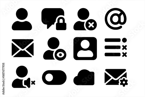 Forum Privacy Icons. Solid style icons of forum privacy settings: public profile, private message, block user, allow mentions,