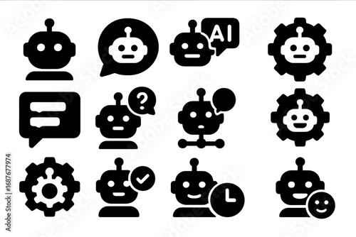 Chat Bot Icons. Solid style icons of chat bots: bot avatar, chatbot bubble, AI response, automation icon, smart reply, FAQ bot,