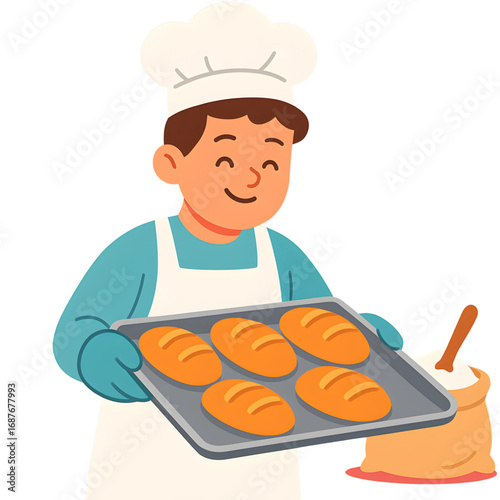 Joyful young baker proudly presents a fresh tray of golden-brown loaves, symbolizing the warmth and aroma of homemade bread from a traditional bakery kitchen