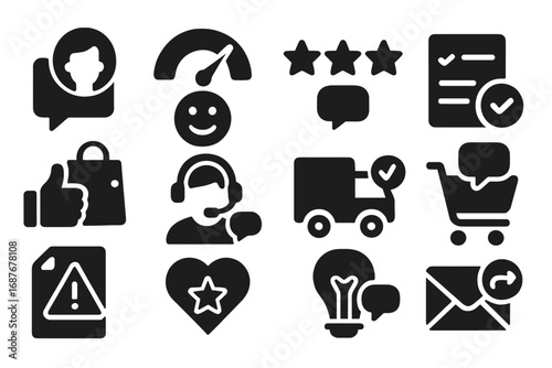 Customer Feedback Icons. Solid style icons of customer feedback: client message, satisfaction meter, rating stars, survey reply,