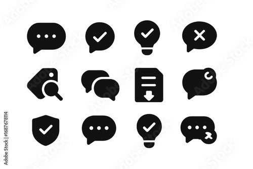Feedback Icons Collection. Solid style icons of feedback status: new feedback, reviewed input, approved idea, rejected comment,