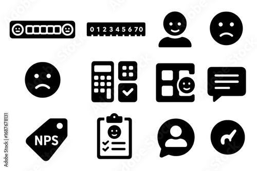 NPS Survey Icons. Solid style icons of NPS surveys: Net Promoter Score bar, scale 0 to 10, promoter icon, passive response,