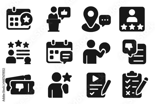 Event Feedback Icons. Solid style icons of feedback for events: event review, speaker feedback, venue comment, experience summary,