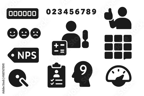 NPS Survey Icons. Solid style icons of NPS surveys: Net Promoter Score bar, scale 0 to 10, promoter icon, passive response,
