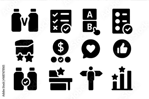 Product Poll Icons. Solid style icons of product preference polls: product vs product icon, feature comparison, design A/B test,