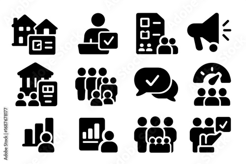 Community Poll Icons. Solid style icons of community polls: neighborhood vote icon, public suggestion chart, civic planning poll,