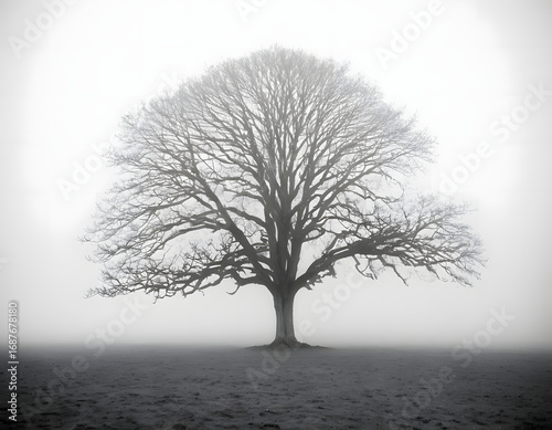 Black and White Solitary Tree in a Foggy Field - Minimalist Nature Art