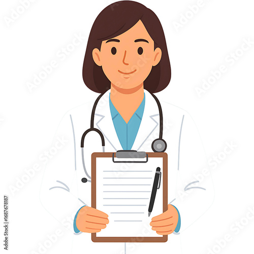 A friendly female doctor wearing a white lab coat and stethoscope holds a clipboard and pen, ready to offer expert medical advice and dedicated patient care services