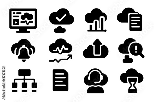 Cloud Monitoring Icons. Solid style icons of cloud monitoring: monitoring dashboard, cloud health check, metrics icon, logging