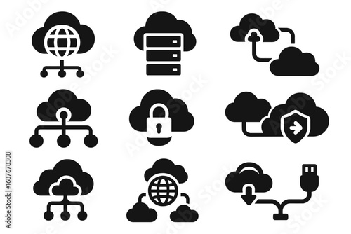 Cloud Network Icons. Solid style icons of cloud network: global cloud, data center icon, multi-region deployment, cloud route,