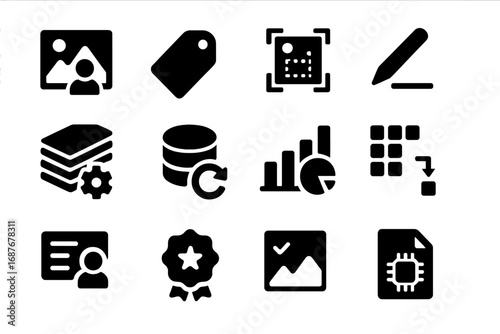 AI Training Icons. Solid style icons of AI training data: labeled image icon, dataset tag, bounding box icon, annotation tool,