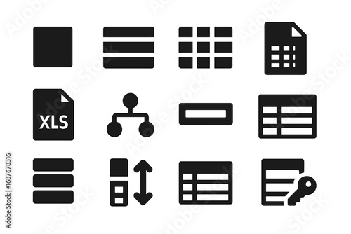 Structured Data Icons. Solid style icons of structured data: spreadsheet cell, table rows, data grid, CSV file, XLSX icon, schema