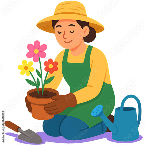 A smiling woman in a straw hat and gardening apron carefully tends to a vibrant potted plant, enjoying her peaceful hobby in a serene garden setting, fostering growth and happiness