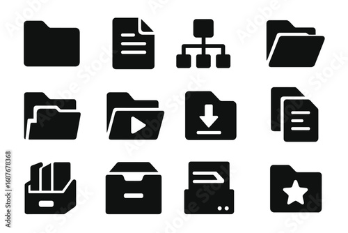 Solid File Icons. Solid style icons of file storage: folder icon, document icon, file tree, directory icon, subfolder icon, media