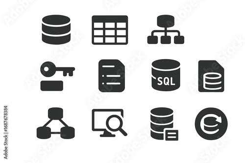 Database Storage Icons. Solid style icons of database storage: DB icon, row and column, indexed data icon, key-value store, record