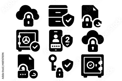 Secure Backup Icons. Solid style icons of backup encryption and security: lock on backup icon, shielded archive, encrypted restore