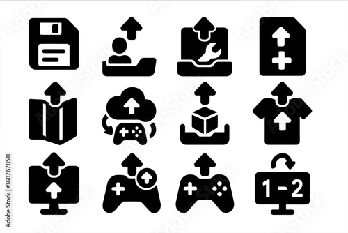 Game Upload Icons. Solid style icons of game uploads: save file upload, player data tray, mod upload icon, patch file icon, custom