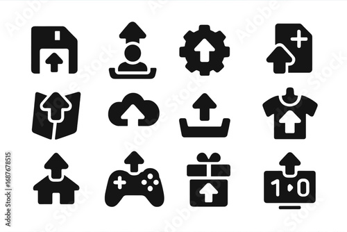 Game Upload Icons. Solid style icons of game uploads: save file upload, player data tray, mod upload icon, patch file icon, custom