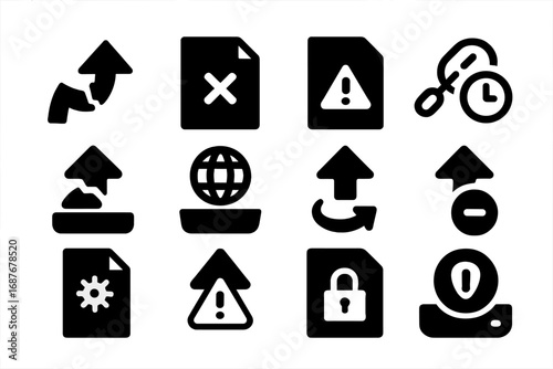 Failed Upload Icons. Solid style icons of failed uploads: broken arrow icon, X on file, corrupted file alert, expired upload link,