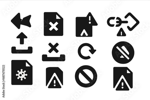 Failed Upload Icons. Solid style icons of failed uploads: broken arrow icon, X on file, corrupted file alert, expired upload link,