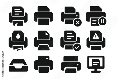 Print Status Icons. Solid style icons of print queues and status: printing in progress, queued print job, cancel print icon,
