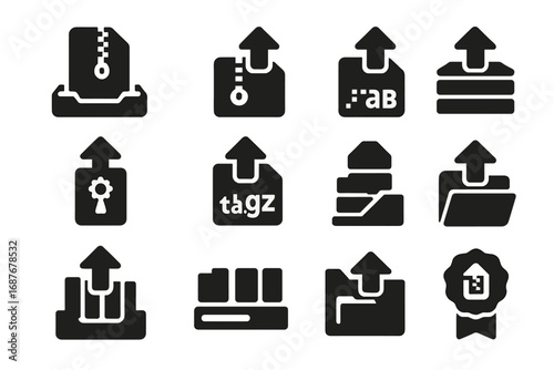 Solid Archive Icons. Solid style icons of archive uploads: .zip file tray, .rar file arrow, compressed file upload, tar.gz file