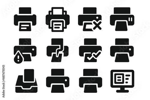 Print Status Icons. Solid style icons of print queues and status: printing in progress, queued print job, cancel print icon,