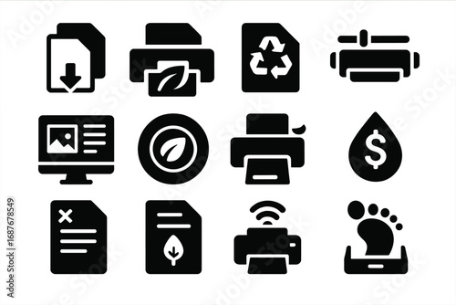 Eco-friendly Printing Icons. Solid style icons of eco-friendly printing: duplex icon, eco leaf printer, recycled paper icon, toner