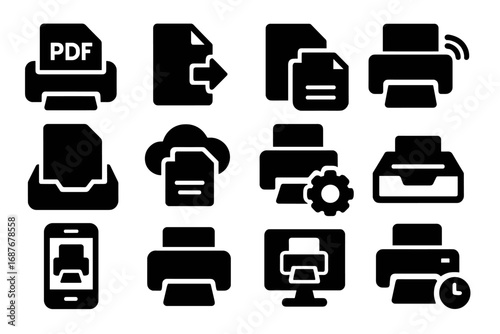 Virtual Printing Icons. Solid style icons of virtual printing: print to PDF icon, export document icon, save as file icon, e-print