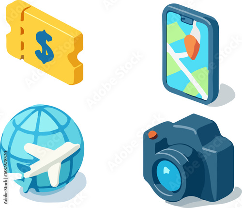 Isometric travel icons: ticket, phone, globe, and camera.
