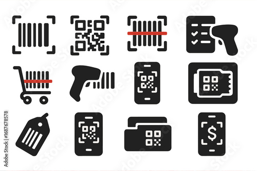 Barcode and QR Icons. Solid style icons of barcode and QR scanning: barcode scan icon, QR code with scanner, red beam scan,
