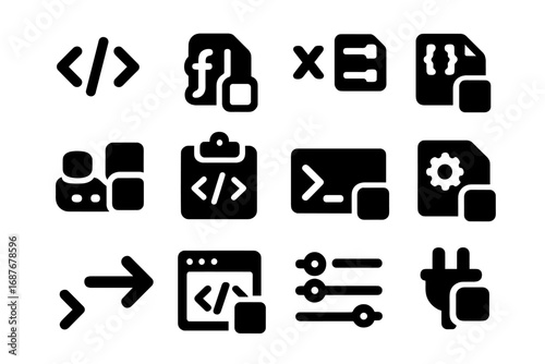 Coding Icon Set. Solid style icons of coding and dev copying: code snippet icon, function copy button, variable duplication, JSON