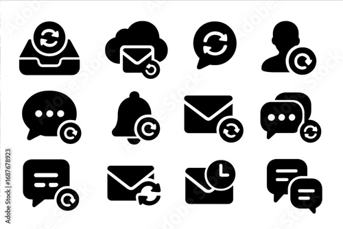 Email and Message Sync Icons. Solid style icons of email and message sync: inbox with sync arrows, mail cloud icon, message