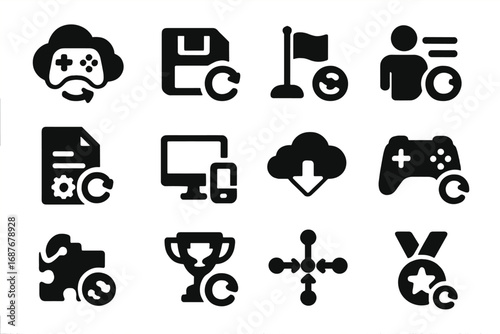 Game Sync Icons. Solid style icons of game sync: game progress cloud, saved game refresh, level checkpoint sync, character stats