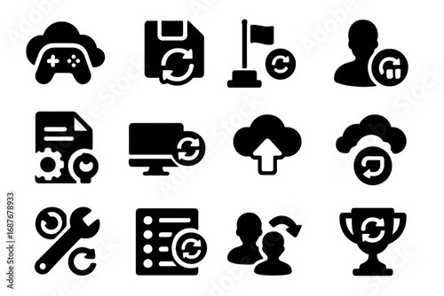 Game Sync Icons. Solid style icons of game sync: game progress cloud, saved game refresh, level checkpoint sync, character stats