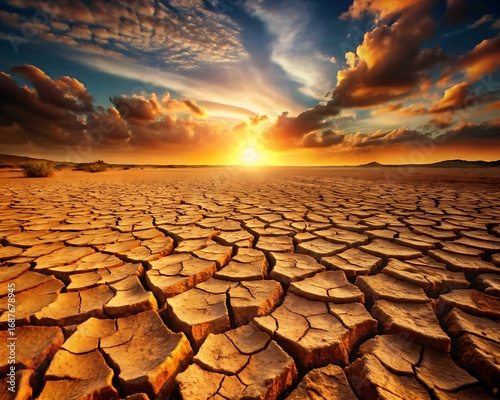 Beautiful sunset over the cracked earth in desert area