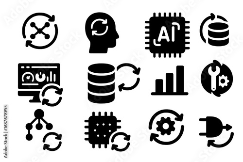 AI Refresh Icons. Solid style icons of AI and algorithm refresh: neural net update, machine learning model reload, algorithm loop