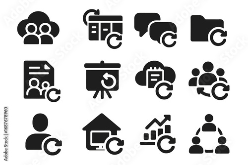 Workplace Sync Icons. Solid style icons of workplace sync tools: coworker cloud icon, project board sync, team chat refresh,