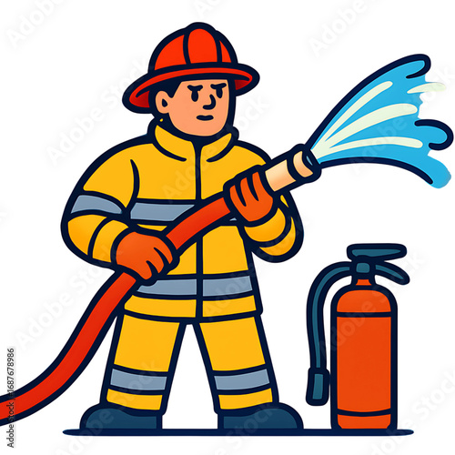 Illustration of a brave firefighter in uniform holding a hose spraying water, with a fire extinguisher nearby, symbolizing safety and rescue efforts