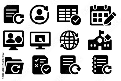 Educational Icons Collection. Solid style icons of educational updates: syllabus change icon, student data refresh, gradebook