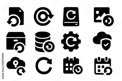 Backup Icon Set. Solid style icons of backup and restore updates: backup file refresh, restore point update, recovery file sync,