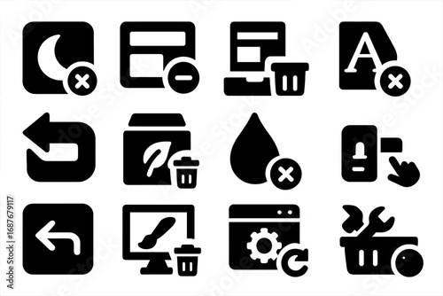 Uninstall UI Elements Icons. Solid style icons of theme and UI uninstall: theme with X icon, layout remove symbol, uninstall