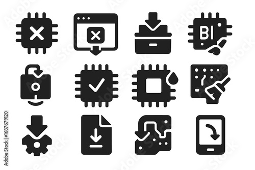 Firmware Uninstallation Icons. Solid style icons of firmware uninstallation: chip with X symbol, embedded uninstall icon, BIOS